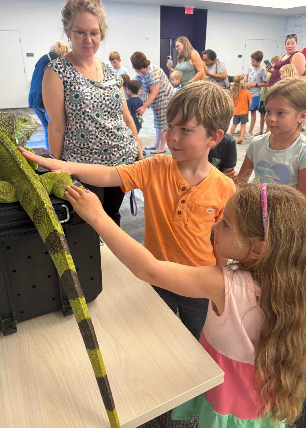 boy and girl touching a large iguana at lagrange library